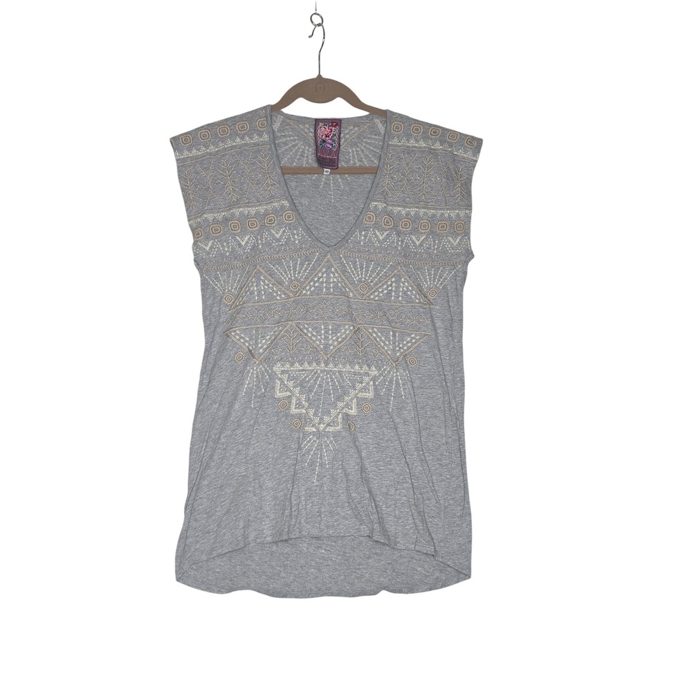 JWLA Johnny Was Grey Embroidered V-Neck Cap Sleeve Boho Top XS Hippie Artsy Soft